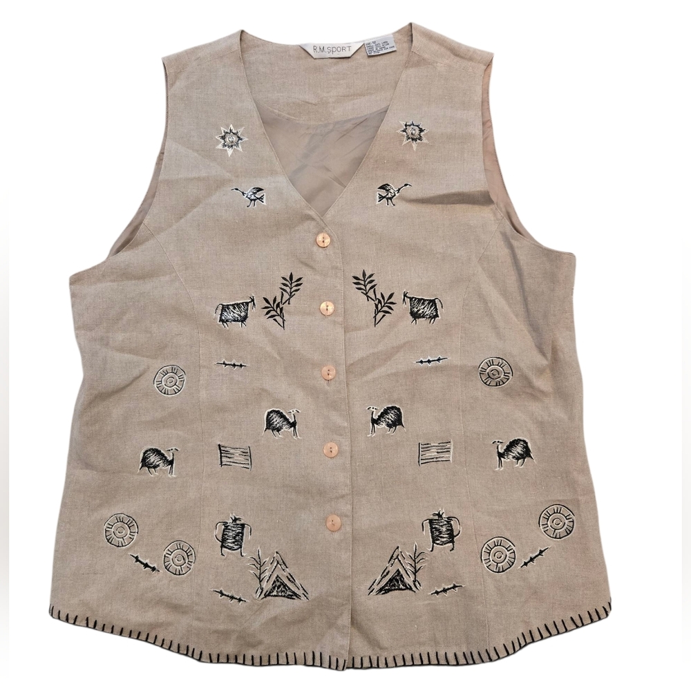 R.M. Sport Embroidered Pictograph Animals Boho Linen Button-Up Vest